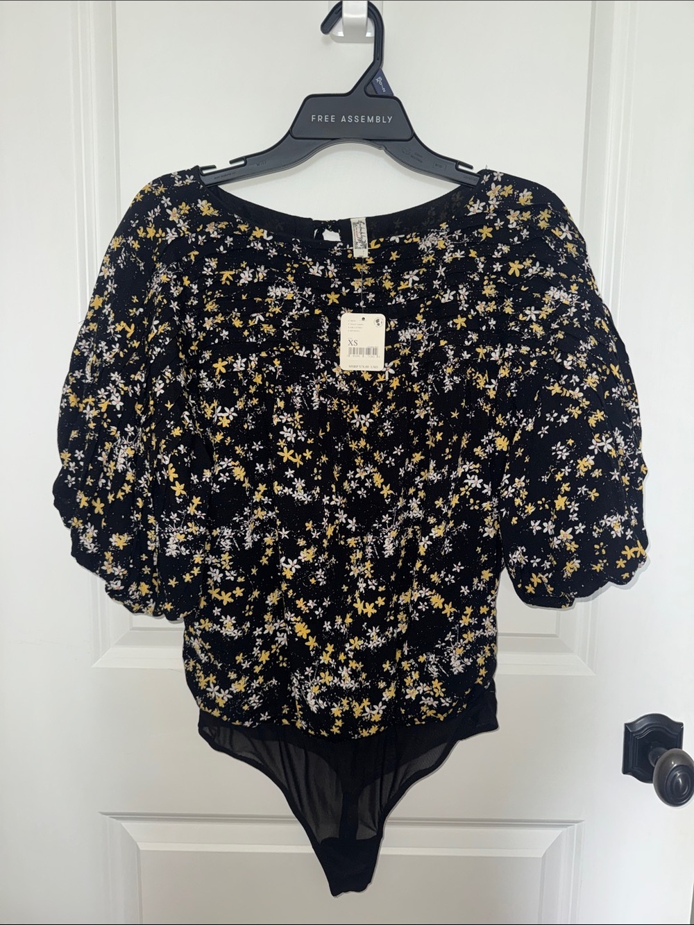 Free People Black Floral Puff-Sleeve Bodysuit with Yellow & White Print